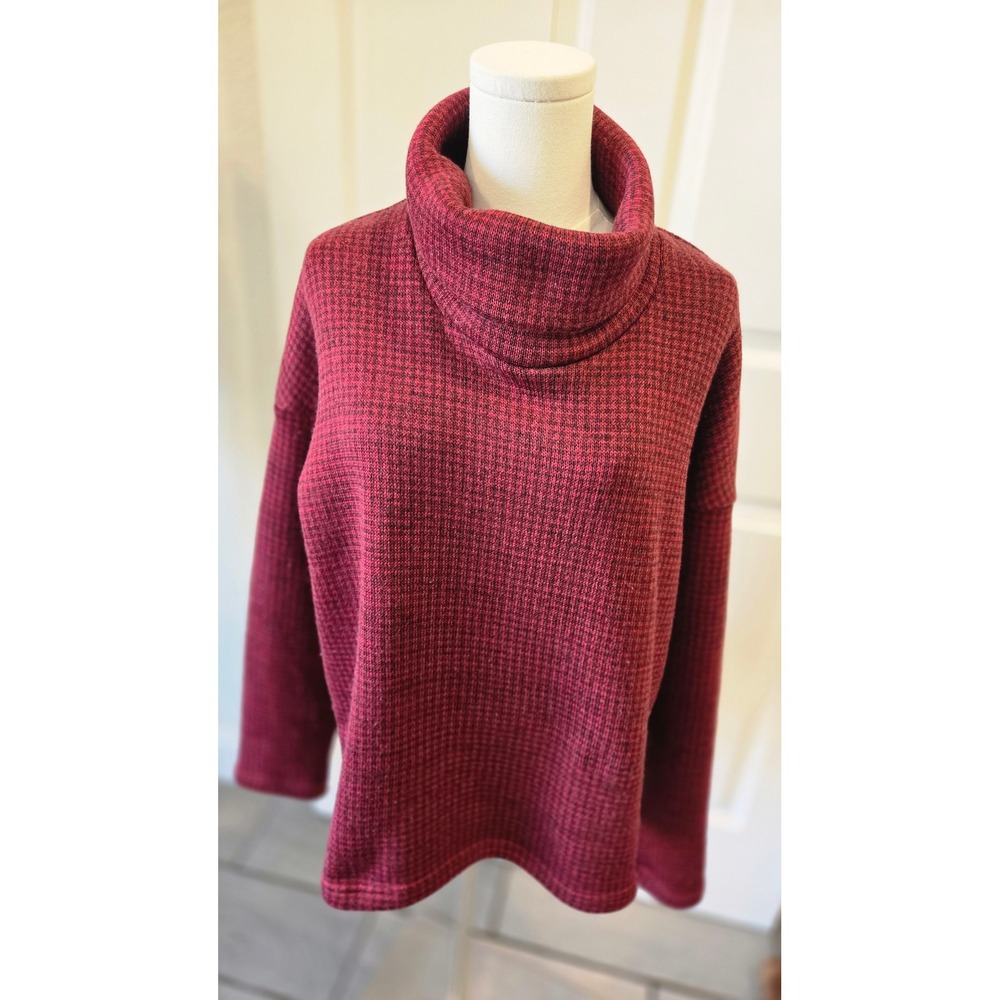 Columbia Womens Cowl Neck Sweater Red Black Marled Knit Pullover Large
